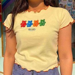 Sweet Girls Cute Bear Embroidery T Shirt Women Summer Short Sleeve Crop Tops Harajuku Street Fashion Tee Femme K Pop Tees 210623