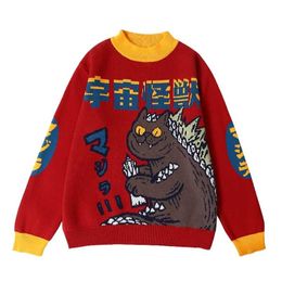 Harajuku Fashion Knitted Women Sweater Red Cartoon Monster Embroidery Casual Coat Loose Retro Outwear Pullover 211007