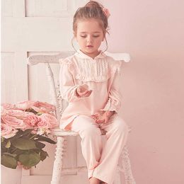 Children Girl's Lolita Pink Pyjama Sets.Turndown Collar Tops+Pants.Vintage Toddler Kids Pyjamas set.Royal Style Sleep Loungewear 210908