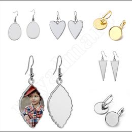 6 Styles Sublimation Earrings for Women Party Favour Blank DIY Customised Metal Dangler Leaf Heart Shaped Heat Transfer Printing Teardrop Earring Family Lovers Gift