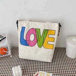Shopping bag, women's Canvas Handbag, fresh color, love letter printing, belt style, fashion, 2020 220310
