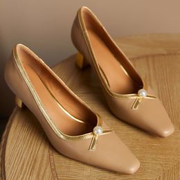Womens genuine leather thin ghigh heel pointed toe spring new pumps beading decoration elegant ladies OL style evening shoes