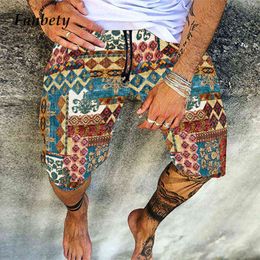 Men's Fashion Casual Drawstring Beach Shorts 2021 Summer Retro Pattern Printed Cotton Linen Short Male Loose Streetwears Pants H1206