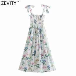 Zevity Women Fashion Floral Print Elastic Pleated Sling Dress Female Bow Tie Strap Vestido Chic Casual Summer Dresses DS8305 210603