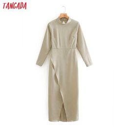 Tangada Autumn fashion women solid satin dress long sleeve office ladies midi dress back zipper XN26 210609