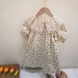 2021 Summer New Children's Clothing Korean Style Girls Floral Dress Vintage Embroidery Collar One Piece Kids Girls Cotton Dress Q0716