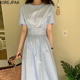 Korejpaa Women Dress Korea Chic Simple Solid Color French O-neck Pleated Strap Bow Tie Waist Short Sleeve Vestido Female 210526