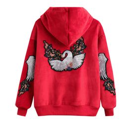 PERHAPS U Black Red Animal Applique Hoodies Pullovers Plus Size Thick Fleece Winter Casual Crane H0038 210529