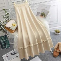 Knitted Ruffle Skirt Korean Autumn Winter Long A-Line Skirt Women Black Elastic High Waist Wool Warm Midi Pleated Skirt 211120