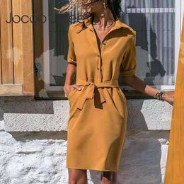 Jocoo Jolee Shirt Dress Women Turn-down Collar Sashes Knee-length Casual Psrty Plus Size Loose Vestidos Robe 210619