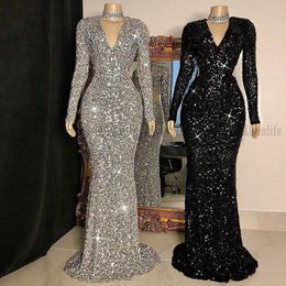 Mermaid Style Long Prom Dresses V-neck Long Sleeve African Women Black Girl Prom Gowns For Party