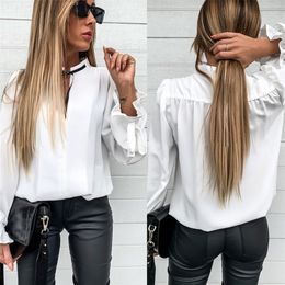 Women's Summer Blouse Sexy Shirts Casual Female Puff Sleeve Tops Stand Collar Bowknot Solid White Clothings Office Shirts D30 210225