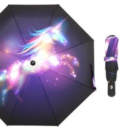 Creative Unicorn Automatic Umbrella Rain Women 3Folding Men Durable Strong Colourful Umbrellas Kids Rainy Sunny Fashion Umbrella 210223