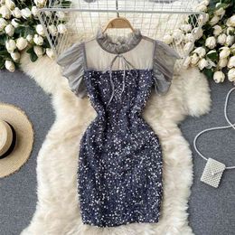 Women's Summer Fashion Sexy Stand Neck Short Sleeve Sequin Slim Mini Package Hip Dress Clothes Vestidos S741 210527