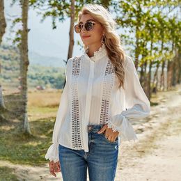 Sexy Lace Patchwork Hollow Out Shirts Stand Collar Flower Flare Sleeve Solid Blouse 2021 Fashion Spring Summer Casual Women Tops