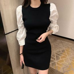 Korean Fashion Knit Patchwork Black Mini Dress Autumn French Vintage O Neck Dress Puff Sleeve Bodycon Party Dress Vestidos 210223