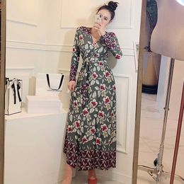 Vintage Floral Print Beach Dress Women Bandage Lace Up V Neck Sexy Spring Long Sleeve Vestidos Mujer 210529