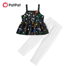 Arrival Summer Kids Girl Scrawl Print Slip Top and Solid Pants Set 210528