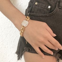 Fashion Curb Cuban Chunky Thick Bracelets Bangle for Women Luxury Shiny Rhinestone Square Gold Colour Bracelets Wrist Jewellery