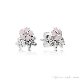 Designer Jewellery 925 Silver Earring heart Ear Studs fit Pandora Cute Pink Enamel flower love Earrings European Style Murano