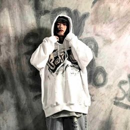 Women Hoodie Oversize Hand-painted Graffiti High Street Fashion Hooded Sweatshirt White Loose Hip-hop Top 210526