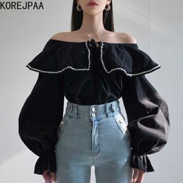 Korejpaa Women Shirt Summer Korea Chic Retro Style Word Collar Ruffled Pleated Organ Stitching Lantern Sleeve Blouse 210526