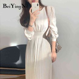 Beiyingni Stylish Korean Full Sleeve Long Midi Pleated Dress Women Sashes Elegant Vintage Office Ladies Dresses Khaki Vestido Y1204