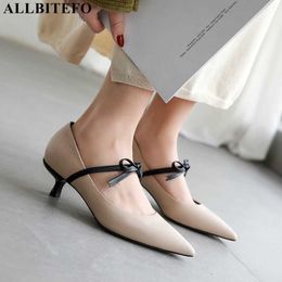 ALLBITEFO soft sheepskin genuine leather women heels shoes bow-knot sexy fashon pointed toe high heel shoes high heels women 210611