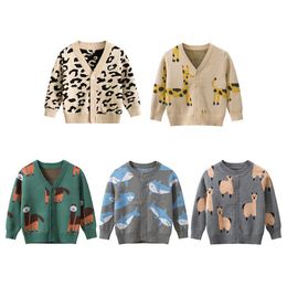 Kids Autumn Winter Cardigan Sweater Cartoon Leopard Print Sweater V-Neck Long Sleeve Button down Knitted Cardigan Jacket Y1024