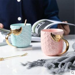 Mermaid Tail Ceramic Tumbler Creative Ceramic Cup Tea Cup Coffee Mug Breakfast Milk Cups With Gold Silver Handle Travel Mugs RRB11613