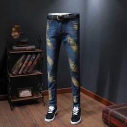 Golden Inkjet Jean Homme Casual Men Jeans Skinny Slim Fit Blue Men's Denim Trousers Biker Straight Pants Streetwear Clothes 210527