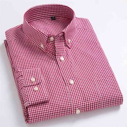 Men's Standard-Fit Long-Sleeve Micro-Check Shirts Patch Pocket Thin Soft 100% Cotton White/red Lines Checked Plaid Casual Shirt 210714