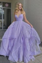 Women Shiny V Neck Fluffy Purple Long Evening Dresses Spaghetti Strap A Line Floor Length Quinceanera Prom Gowns