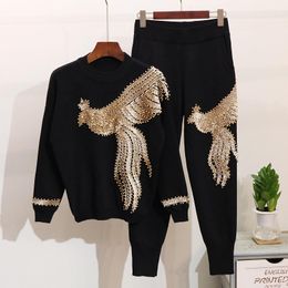 Women's Two Piece Pants Amolapha Women Winter Handmade Beading Sequined Pattern Long Sleeve Knitted Pullover Tops Trousers 2PCS Clothing Set