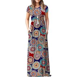 Summer Maxi Floral Dress Women Long Party Dress Ladies Loose Pocket Short Sleeve Casual Dress Robe Femme Sundress 210309