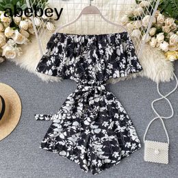 Boho Sexy floral print ruffles romper off shoulder Jumpsuit bandage Casual Women Short Summer Playsuit Beach Holiday Romper 210715