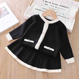Girls Sets Autumn Winter Warm Soft Cardigan Long Sleeve Sweater+ Pleated Skirt 2Pcs Toddler Clothes 210528