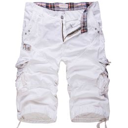 loose large size cargo shorts cotton men's Tactical casual solid color patchwork military white knee length 210714