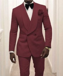 New Arrival Men Suits Burgundy Pattern Groom Tuxedos Shawl Lapel Groomsmen Wedding Best Man 2 Pieces ( Jacket+Pants+ Bow Tie ) L641