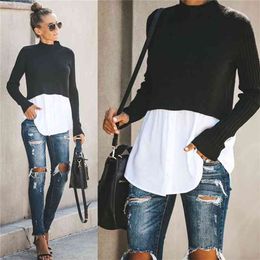 GAOKE Autumn Winter Black Knit Sweater Women Patchwork Long Sleeve Button Pullover Jumper 210922