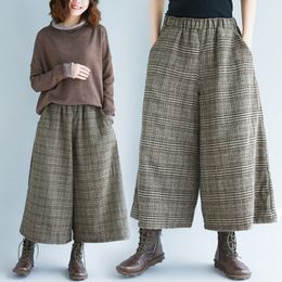 New Products Loose Waist Thick Plaid Divided Skirt Fat Mm Literature And Art Casual Capri Woolen Loose Pants Women's Q0801