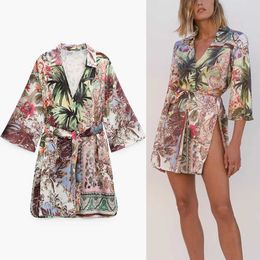 Za Flowers Print Caftan Blouse Women Vintage Tied Belt Wrap Summer Shirt Chic Front Pleat Side Vents Woman Elegant Blouses 210602