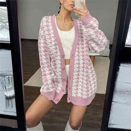 MEIYANGYOUNG V Neck Knitted Cardigans Sweater Pink Houndstooth Cardigan Long Sleeve Fashion Autumn Oversized Jumper 210914