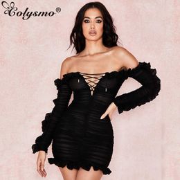Colysmo Autumn Winter Bandage Sexy Dress Women Off Shoulder Long Sleeve Slim Elastic Bodycon Party Dresses Drop 210527