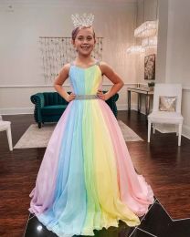 Fashion Rainbow Chiffon Little Girl Pageant Klänningar 2022 Straps-Neck Girls Prom Gowns Zipper V Back Ärmlös A-Line Long Kids Formell Party Födelsedag Prinsessan Wear