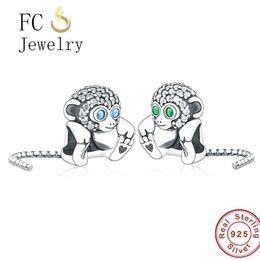 FC Jewellery Fit Original Brand Charm Bracelet 925 Silver Little Monkey Blue Green Zircon Eye Bead Pave Reflexion Berloque 2020 Q0531