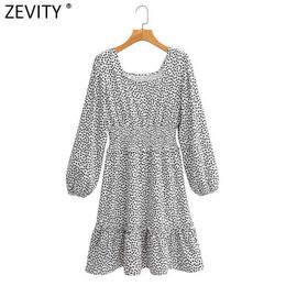 Zevity Women Vintage Square Collar Floral Print Agaric Lace Casual Mini Dress Femme Puff Sleeve Pleat Ruffles Vestido DS4642 210603