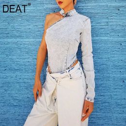 [DEAT] Summer Fashion High Waist Solid Colour One Shoulder Stand-up Collar Personality Women Denim Jumpsuit 13Q001 210527