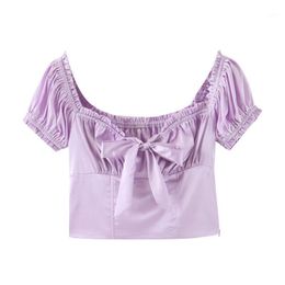 Purple Square Collar Blouses Sexy Ruffle Bow Design Crop Tops Backless Side Zipper Top Women Streetwear Women's & Shirts