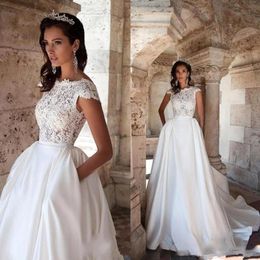 Princess Evening Dress Short Sleeves Elegant Appliqued A-Line Bride Dresses With Pockets Boho Gown Satin Lace